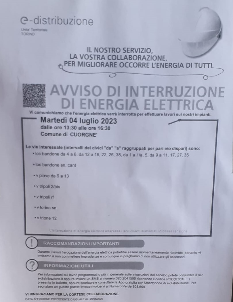 Avviso di interruzione energia elettrica - 04 Luglio 2023 - Città di Cuorgnè