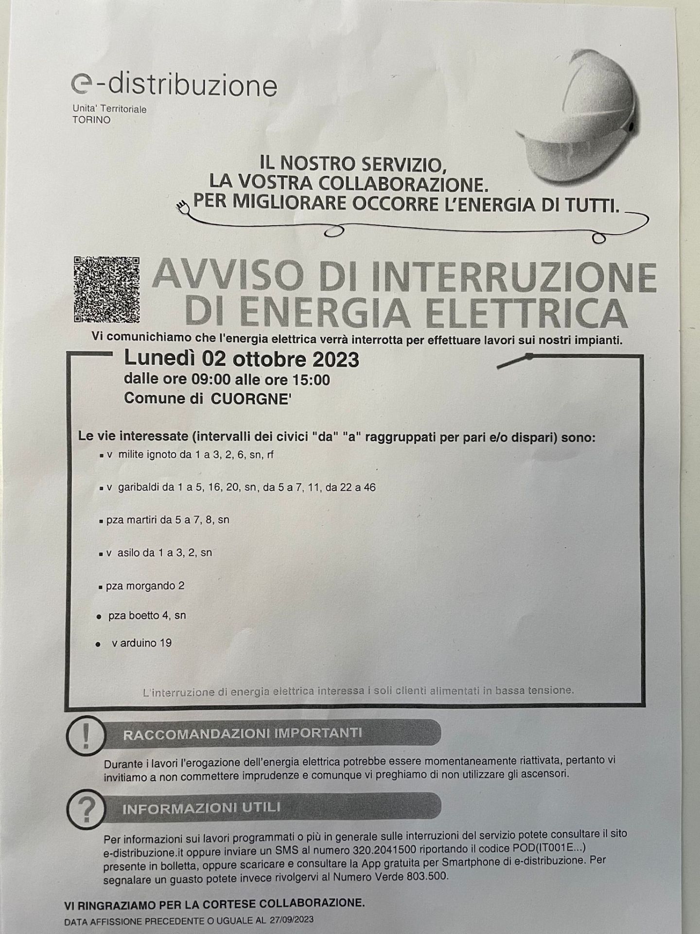 Avviso di interruzione energia elettrica e chiusura Ufficio Postale -  Lunedì 02 Ottobre 2023 - Città di Cuorgnè